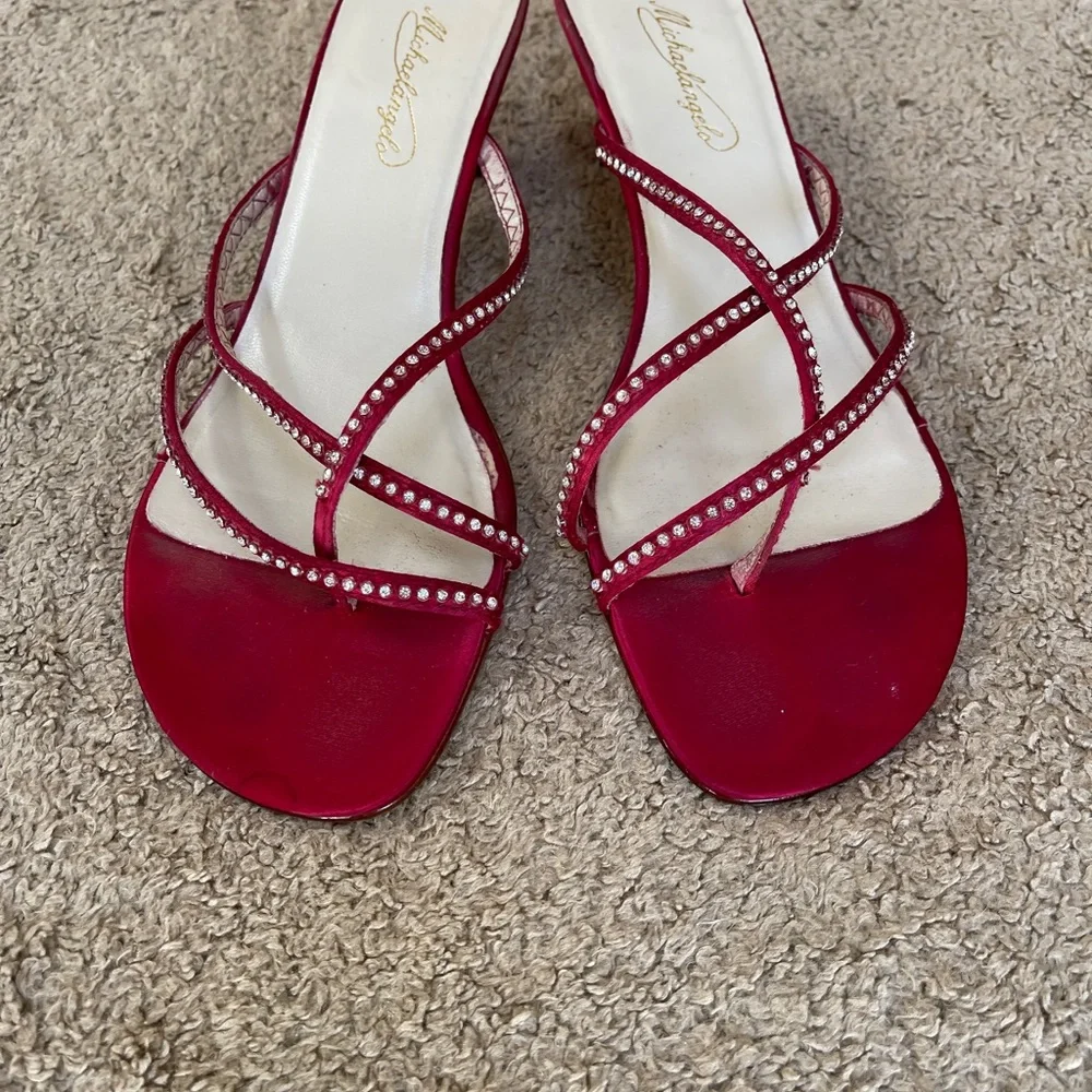 Michaelangelo David's Bridal Apple Red Satin Rhinestone Sandal Size 10